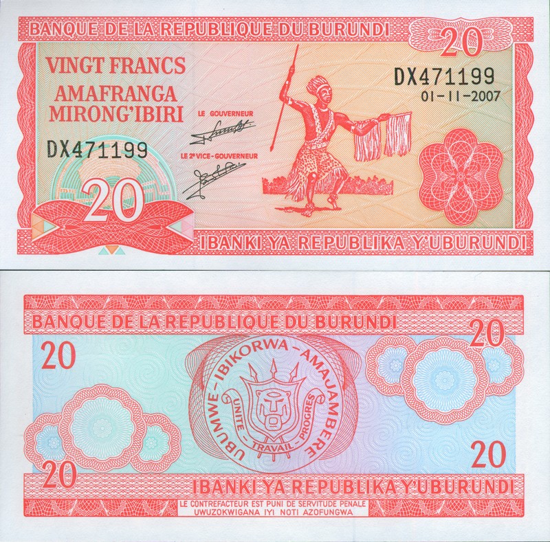 Монеты и купюры мира №92 20 франков (Бурунди)