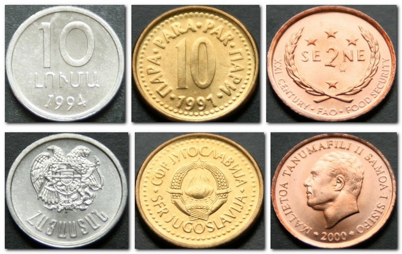 Монеты и купюры мира №96 10 лум (Армения), 10 пар (Югославия), 2 сене (Самоа)