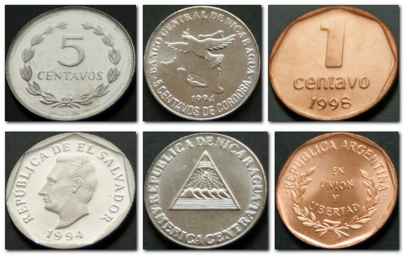 Монеты и купюры мира №101 5 сентаво (Сальвадор), 5 сентаво (Никарагуа), 1 сентаво (Аргентина)
