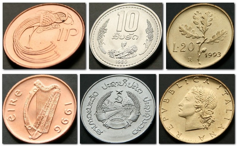 Монеты и купюры мира №105 1 пенни (Ирландия), 10 атов (Лаос), 20 лир (Италия)
