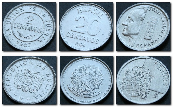 Монеты и купюры мира №109 2 сентаво (Боливия), 20 сентаво (Бразилия), 1 песета (Испания)