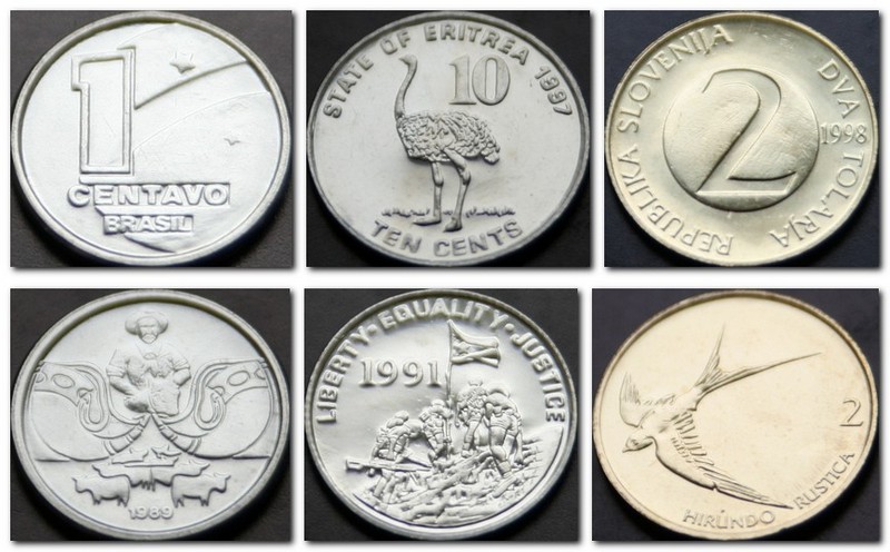 Монеты и купюры мира №156 1 сентаво (Бразилия), 10 центов (Эритрея), 2 толара (Словения)