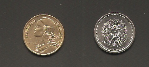 Монеты и банкноты №10 (5 сантимов Франции, 10 сентаво Бразилии)