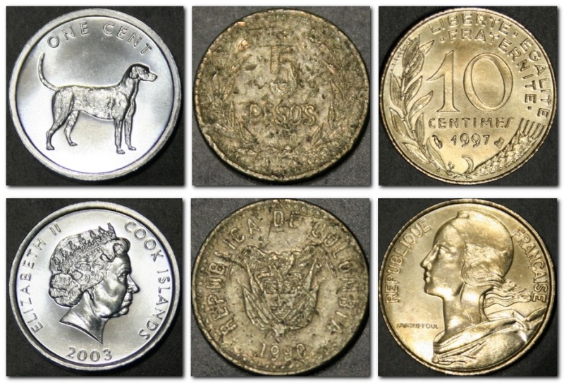 Монеты и купюры мира №21 1 цент (Острова Кука), 5 песо (Колумбия), 10 сантимов (Франция)