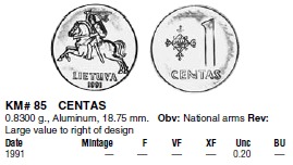 Монеты и купюры мира №31 1 цент (Литва), 1 цент (Гайана), 5 сентимо (Филиппины)