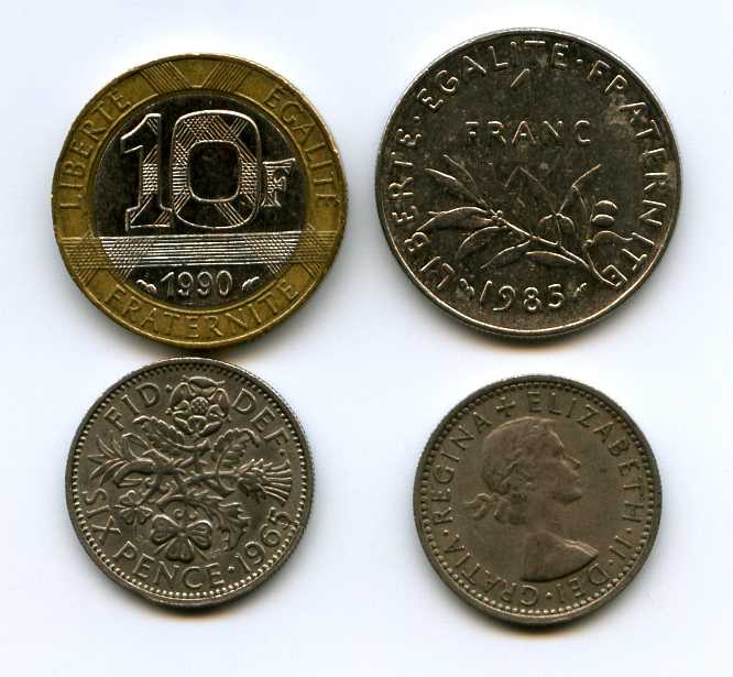 Монеты и банкноты №88 6 пенсов (Великобритания), 1 франк/ 10 франков (Франция)