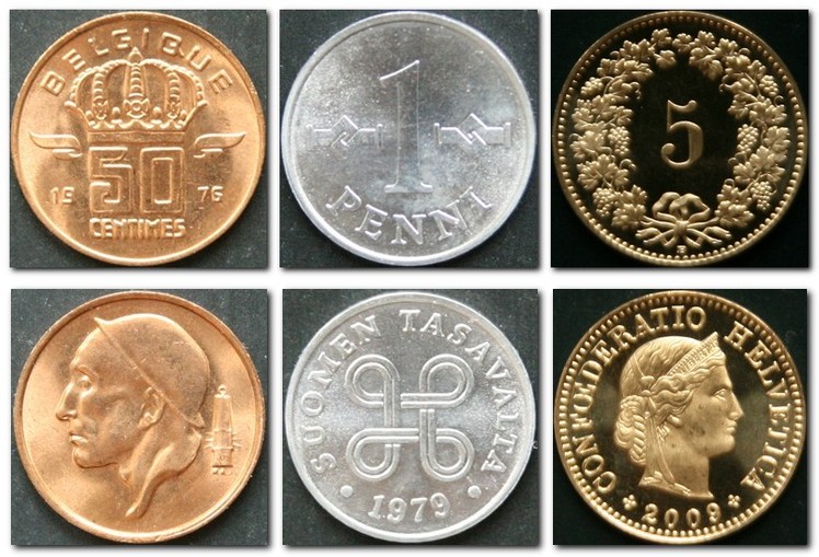 Монеты и купюры мира №61 - 50 сантимов (Бельгия), 1 пенни (Финляндия), 5 раппенов (Швейцария)