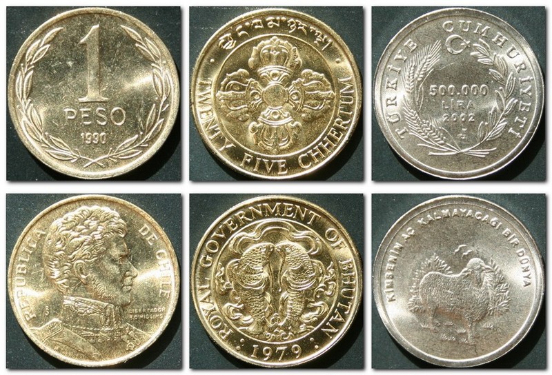 Монеты и купюры мира №69 1 песо (Чили), 25 четрумов (Бутан), 500 000 лир (Турция)