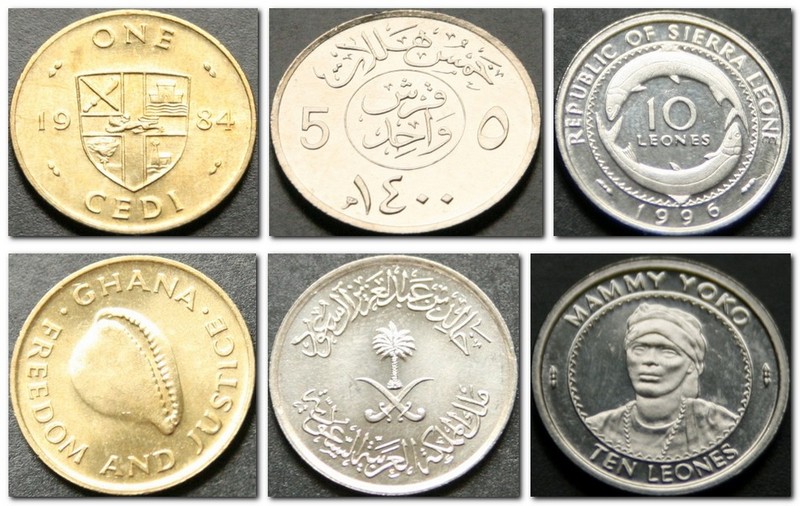 Монеты и купюры мира №81 1 седи (Гана), 5 халалов (Саудовская Аравия), 10 леоне (Сьерра-Леоне)