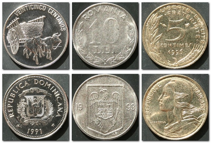 Монеты и купюры мира №84 25 сентаво (Доминиканская Республика), 10 леев (Румыния), 5 сантимов (Франция)