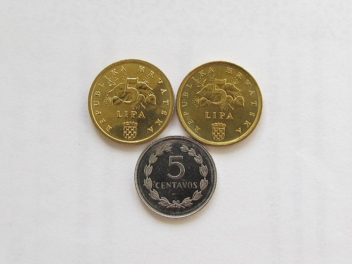 Монеты и банкноты №51  5 сентаво (Сальвадор), 5 лип (Хорватия)