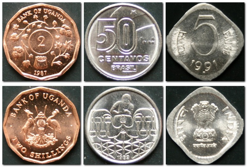 Монеты и купюры мира №87 2 шиллинга (Уганда), 50 сентаво (Бразилия), 5 пайс (Индия)
